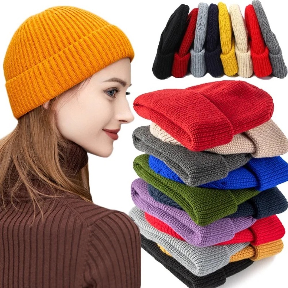 Beanie Cuffed Knit - Bonnet unisexe automne-hiver, couleur unie, à